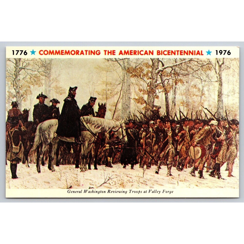 1976 Bicentennial Postcard Washington Reviewing Troops Valley Forge WYCO Trego